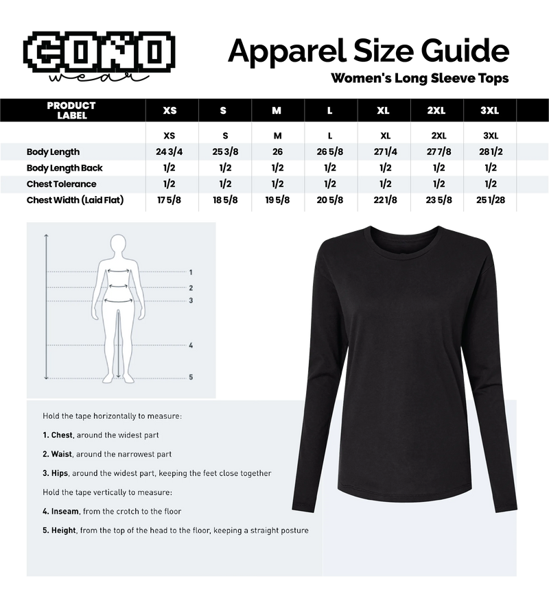 Size chart for Land of Money and Greed Long Sleeve Women's T-Shirt