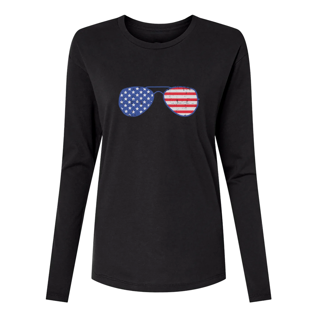 Glasses With USA Flag Long Sleeve Women's T-Shirt